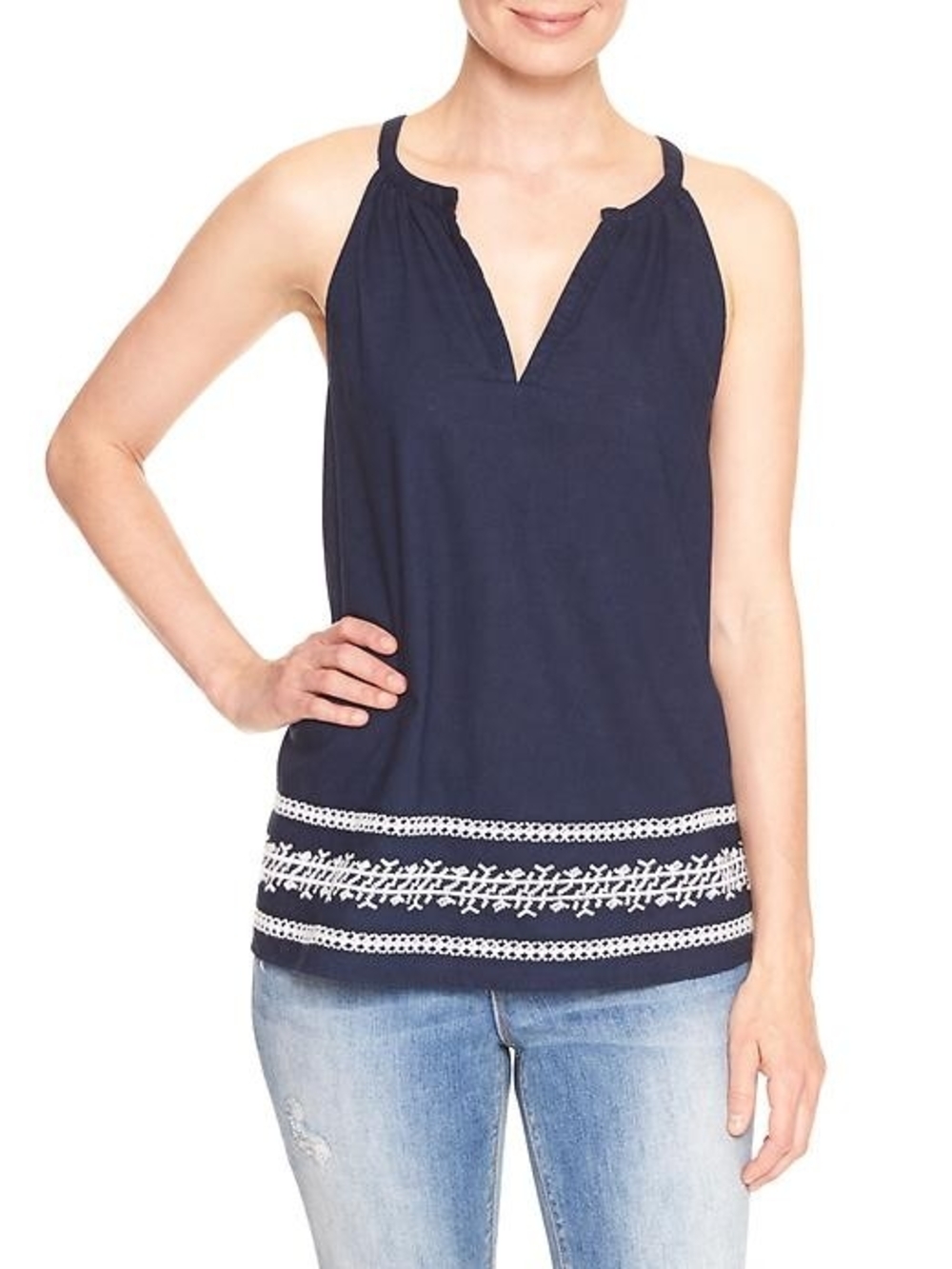 Gap Navy Blue Sleeveless Embroidered Top Size Small